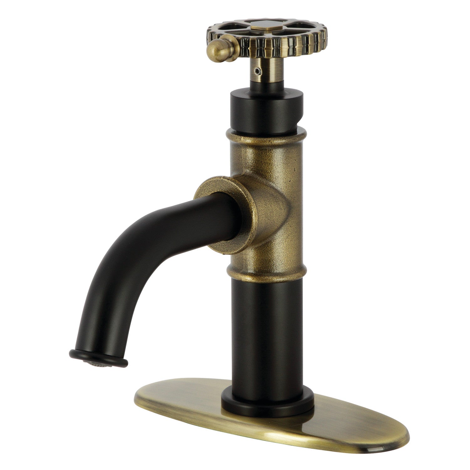 Kingston Sona KSD2823CG - Fuller One-Handle 1-Hole Bathroom Faucet with Deck Plate and Push Pop-Up Drain, Matte Black/Antique Brass — image 1